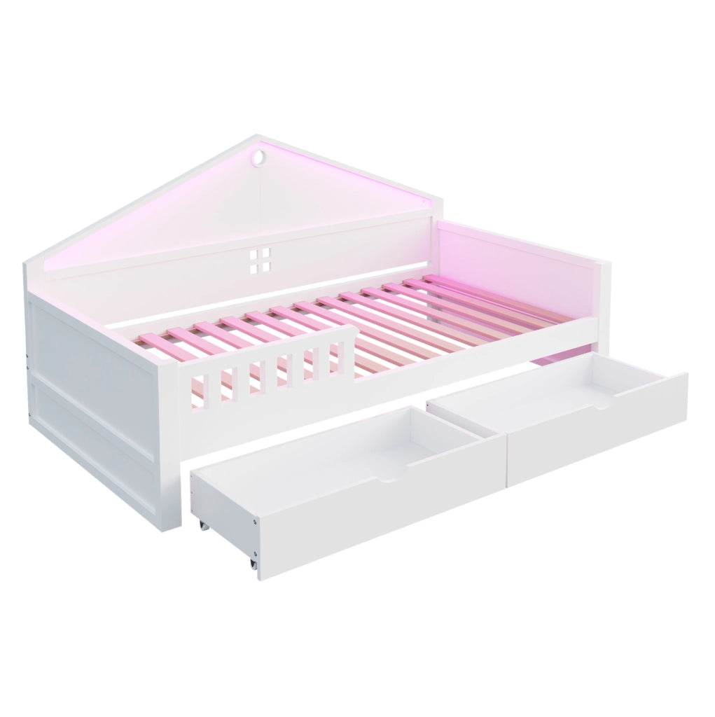 Letto singolo 90x200 cm in legno con LED e cassetti, base con rete a doghe, bianco