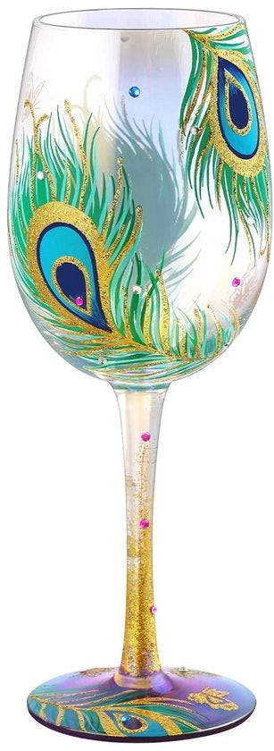 Vaso da Vino a Mano Hand-Pitturato 15oz - Piume di Pavone - Luccicante - Regalo per Donne - Vetro Cristallo - Oggetto da Collezionare - Vaso Decorativo in Vetro