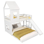 Letto a Castello 90x200 cm e 140x200 cm; Letto 3 Posti - con Scivolo; Scala e Tetto - Bianco
