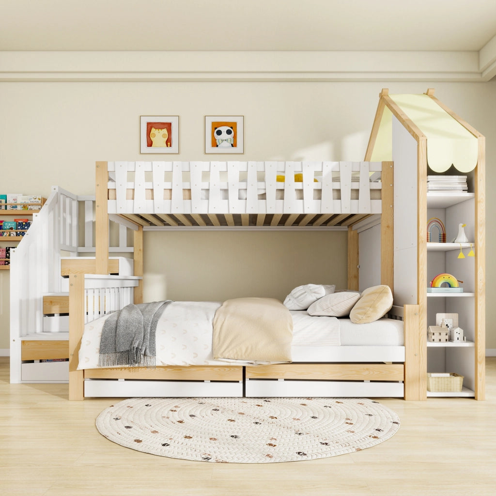 OKWISH Letto a Castello 90×200 cm e 140×200 cm, Letto 3 Posti con Scala Contenitore, 4 Cassetti e Sponde, senza Materasso, Bianco Naturale