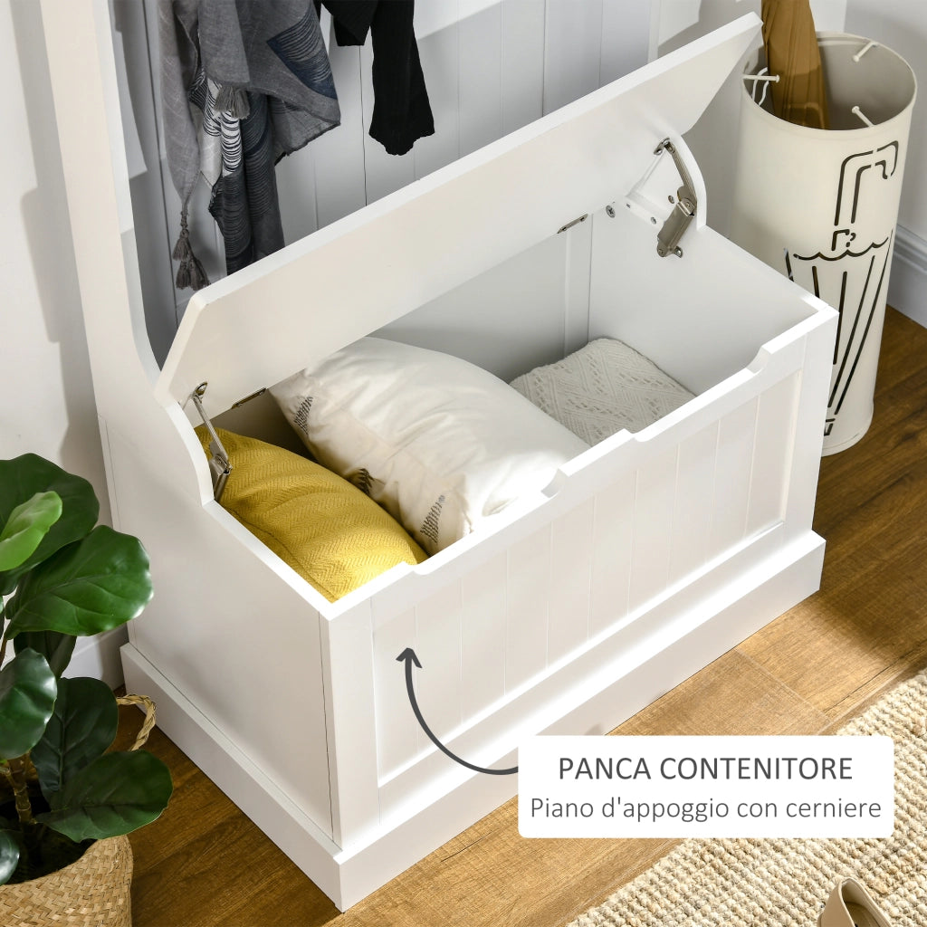 Easycomfort Appendiabiti da Terra Moderno 3 in 1 con 4 Ganci, Panca Contenitore e Attaccapanni, Salvaspazio Mobile da Ingresso, Corridoio, Camera da Letto in Legno, 71.5x39.5x170 cm, Bianco