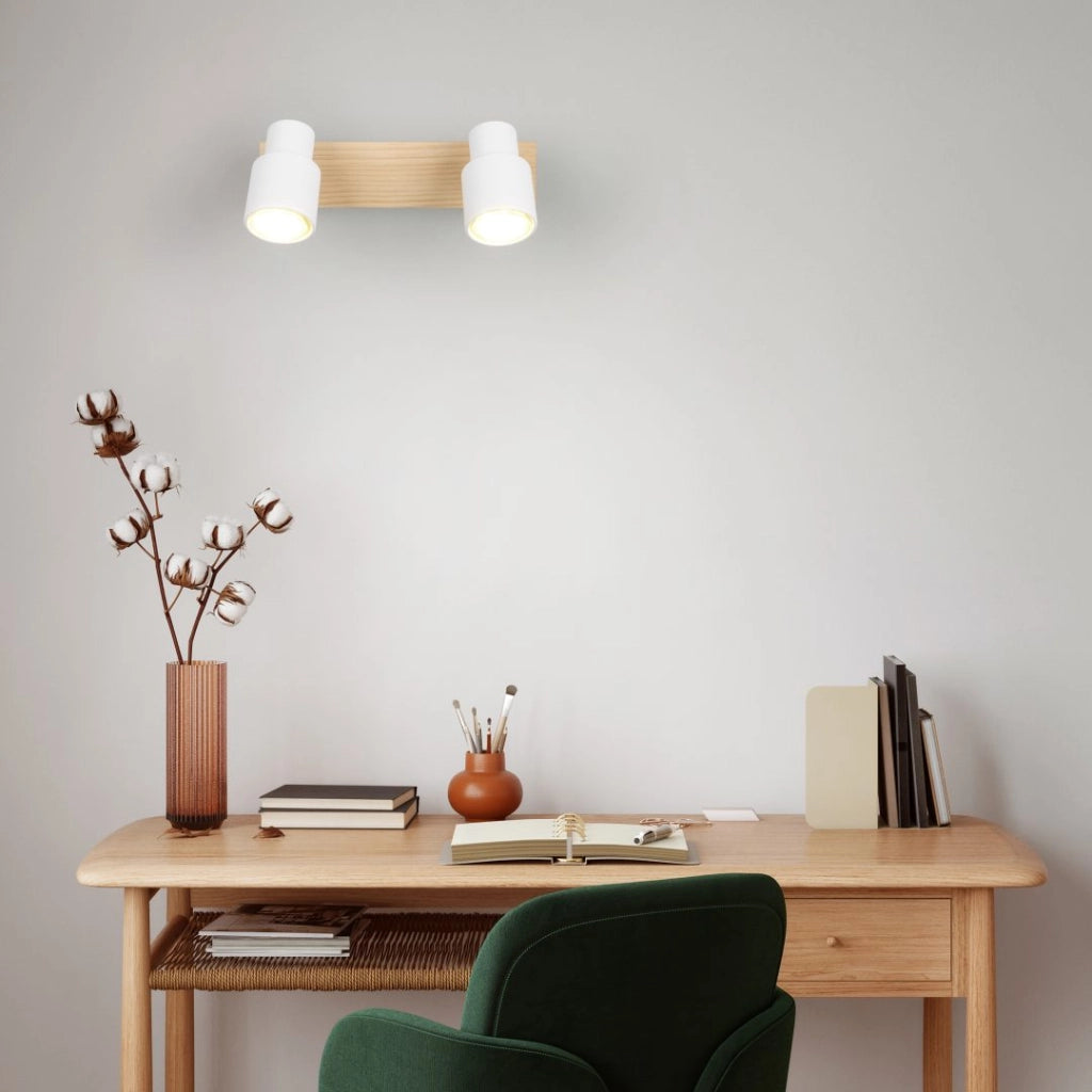 Barra 2 spots, metallo e legno, bianco, L 31 cm, Pierre