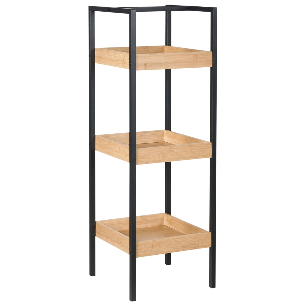 Scaffale da bagno a 3 ripiani con struttura in acciaio nero Accessori da bagno Bambù marrone chiaro