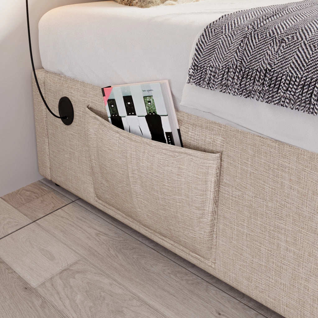 Letto imbottito con contenitore 90x200 cm in lino naturale; struttura con USB e Type-C