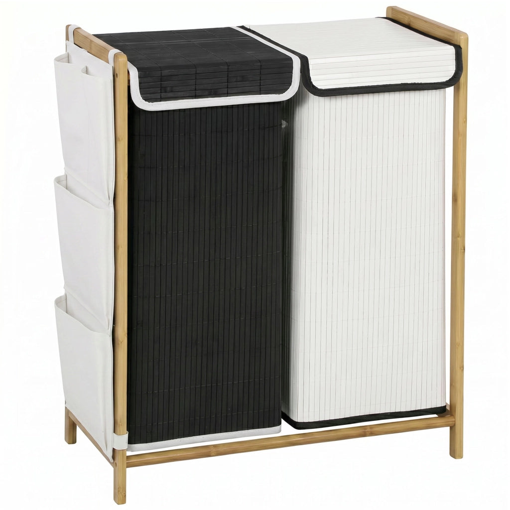 Cesto Portabiancheria 63x33x78 cm 2 Scomparti 120L con Coperchi Tasche Laterali Sacchi Estraibili in Bambù e Poliestere