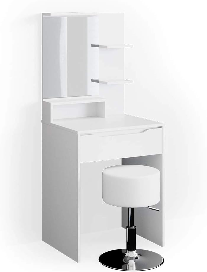 Tavolo da toeletta Ruben, Bianco, 60 cm con sgabello, Compatto e salvaspazio – ideale per ambienti piccoli