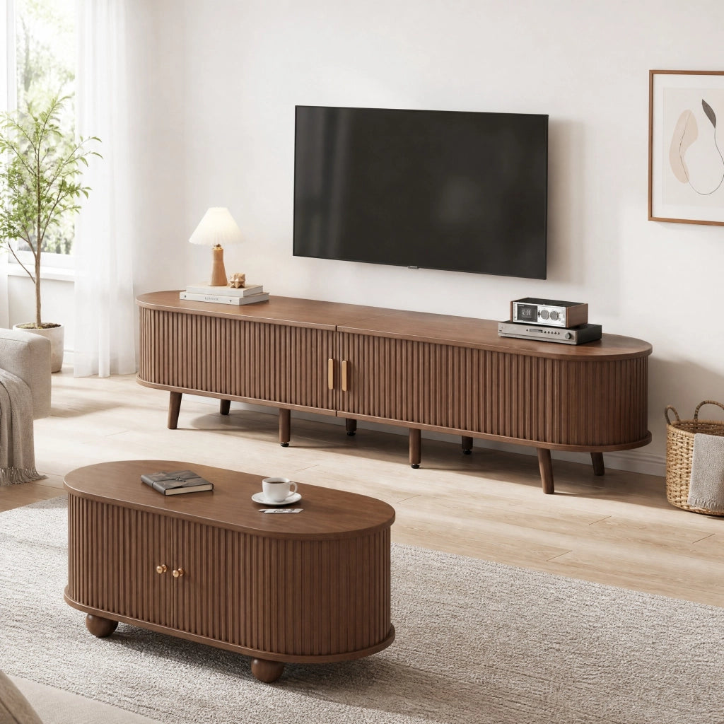 Set 2 pezzi soggiorno: mobile TV e tavolino da caffè in MDF colore noce con ampio spazio contenitivo