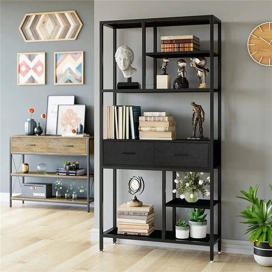 Cassettiere da Libri - Libreria - Comparti per Oggetti - Etagère - Cassetti per Oggetti - Cassettiera per Regali - 90x30x180cm - Nero - Industriale - Comprensivo di Scomparti