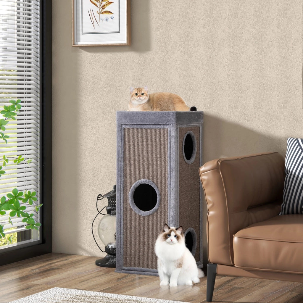 Condominio per gatti alto 99 cm con trespoli per graffiare 3 nascondigli 4 morbidi cuscini in peluche, Casa per gatti a 4 piani Grigio
