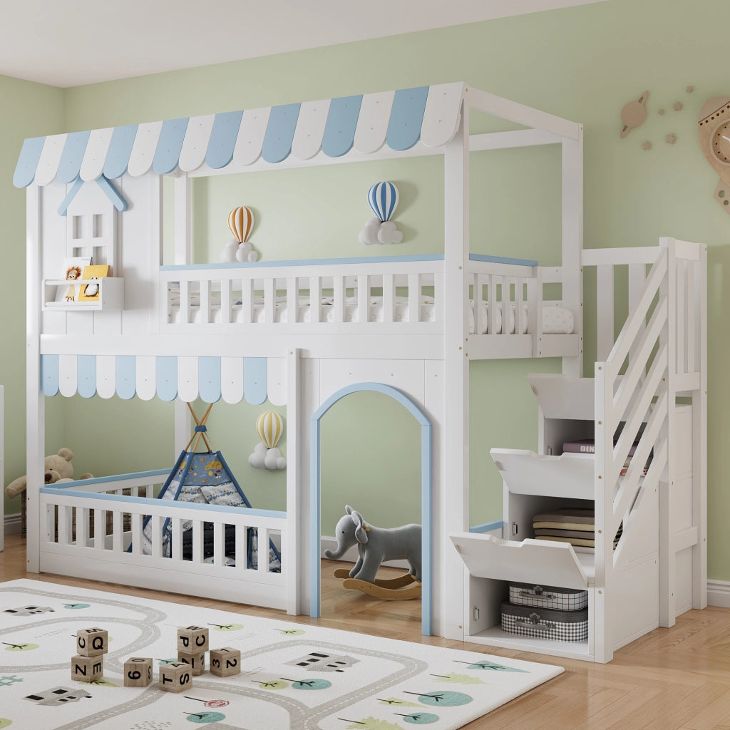 Letto a castello con scalinata e contenitore in legno massello e MDF 90x200 cm