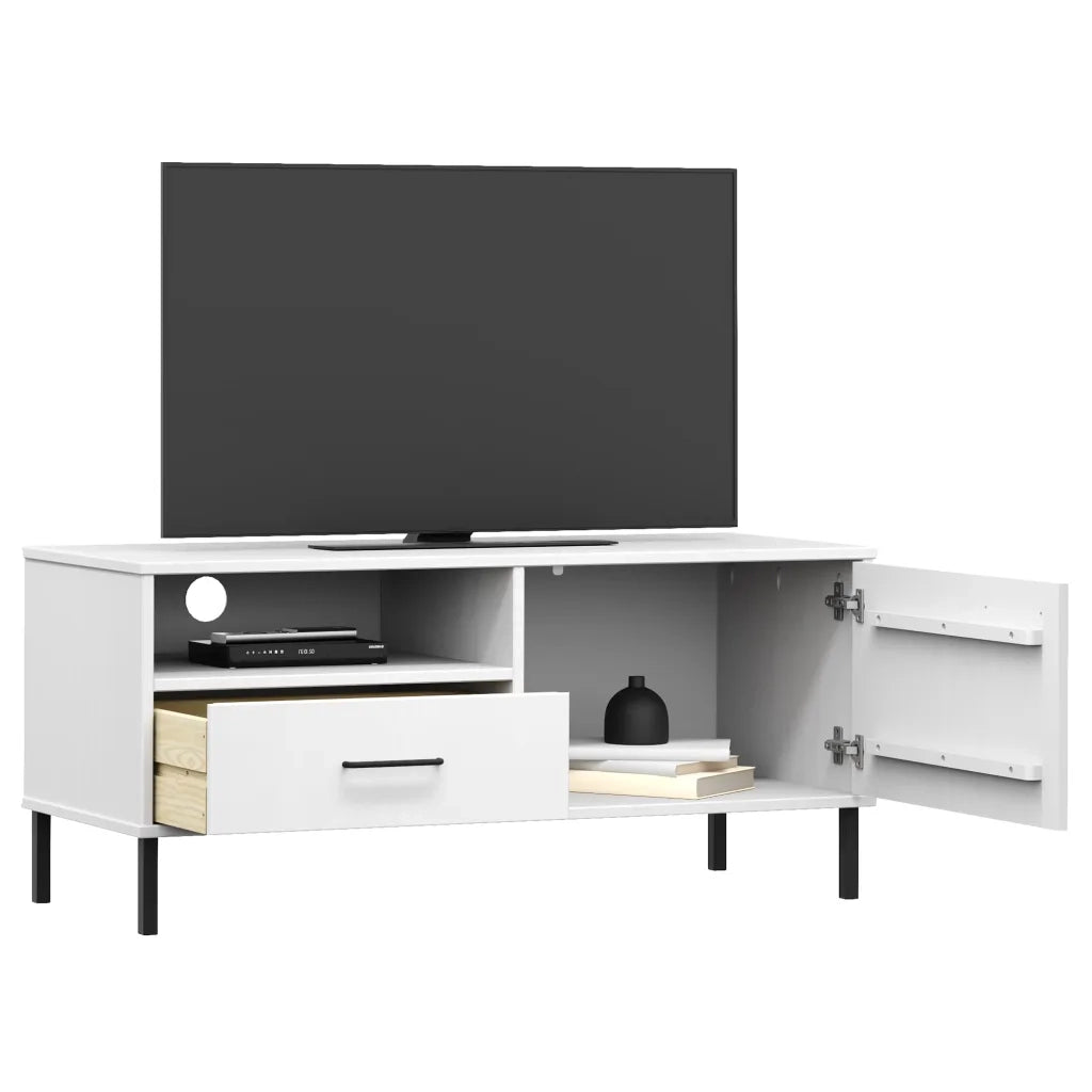 Mobile TV con Gambe Metallo Bianco Legno Massello di Pino OSLO cod mxl 27748
