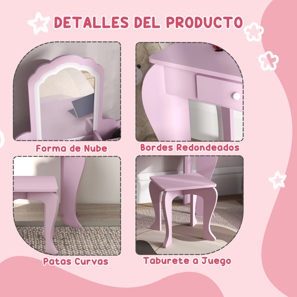 Tocador bambini con specchio cassetto e sgabello ¨C zephmum ¨C rosa 90x50x100