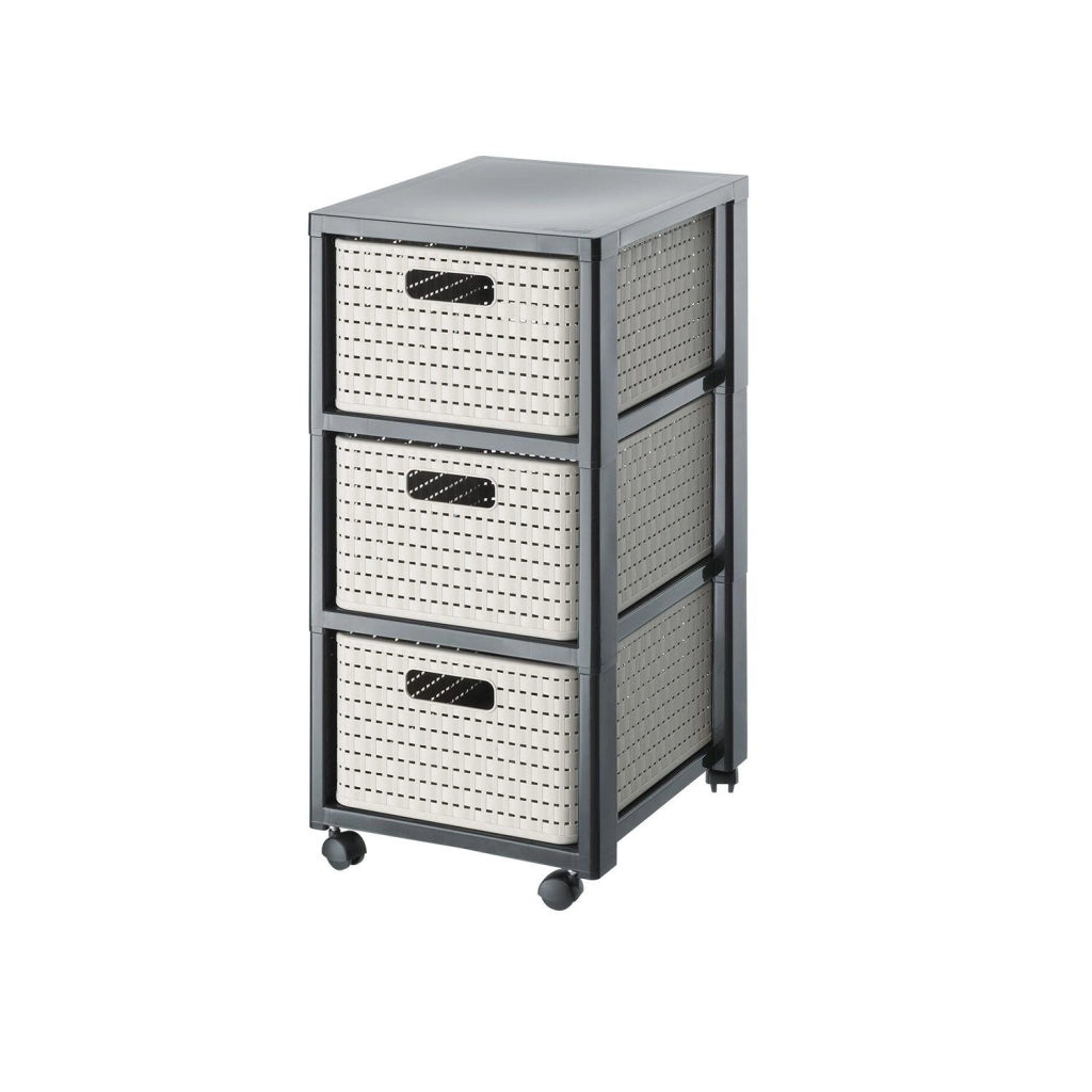 Rotho Country Contenitore Arrotolabile con 3 Cassetti in Rattan, Plastica (PP) senza BPA, colore Cappuccino, 3 x A4/18 L, 37.5 x 32.5 x 71.2 cm