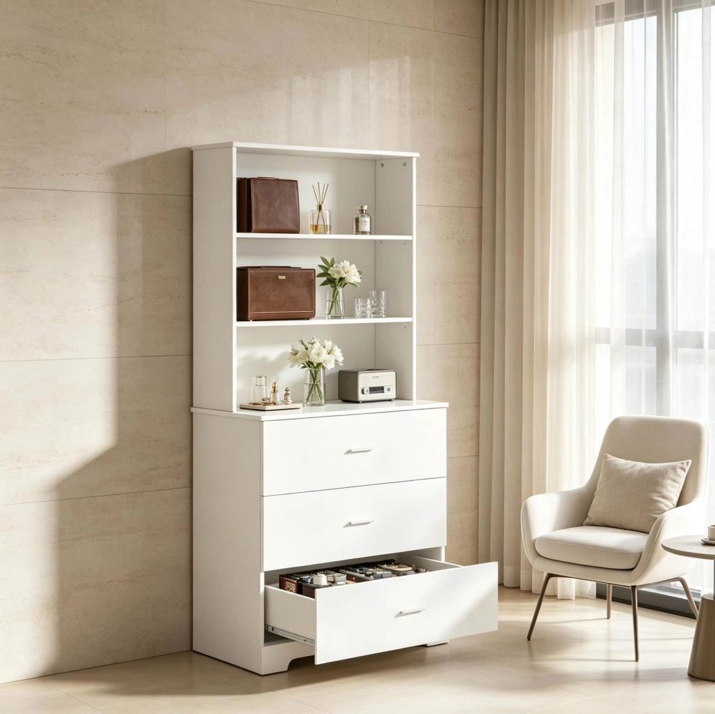 Libreria bianca con 3 ripiani aperti e 3 cassetti; 79 x 39;5 x 182;2 cm