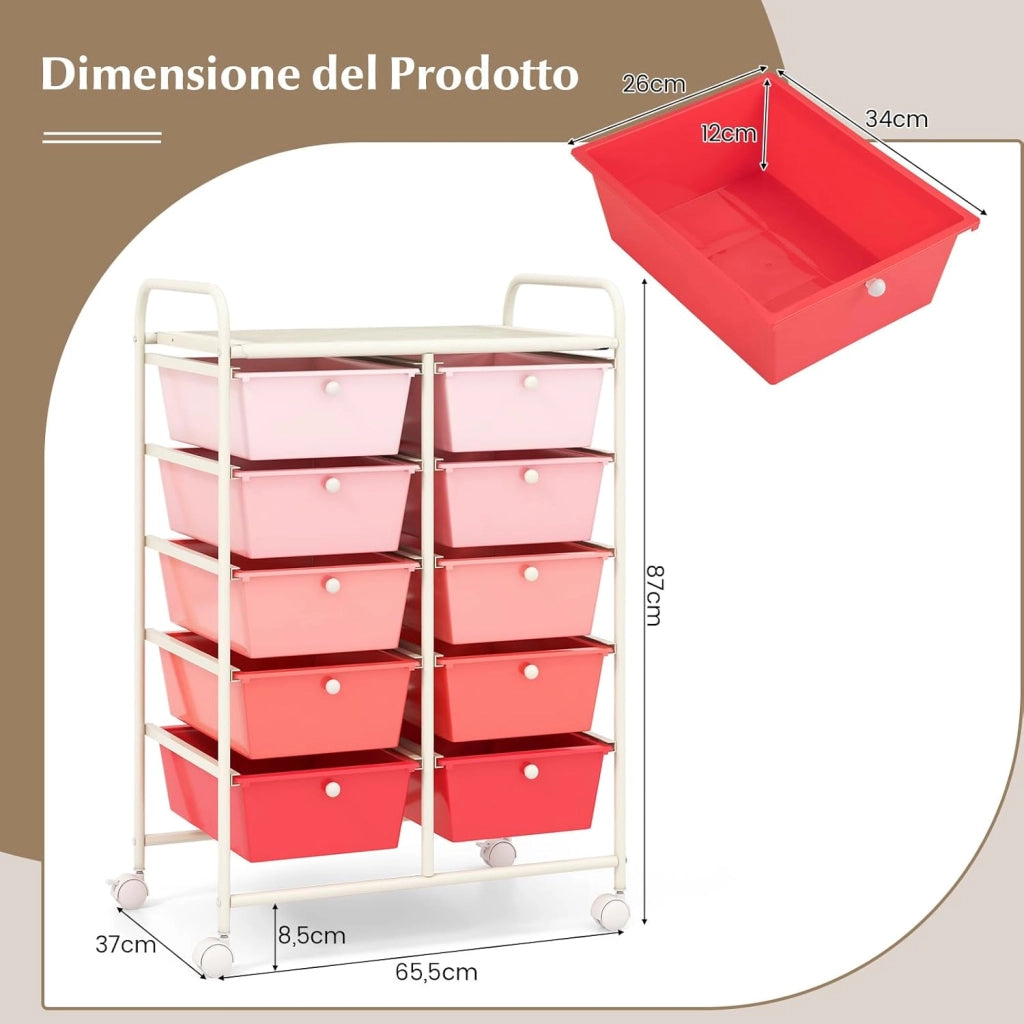 Carrello a 10 Cassetti con Ruote, Carrello di Stoccaggio con Stabilità Elevata, Carrello Multiuso per Casa Ufficio e Scuola, 65,5 x 37 x 87 cm (Sfumatura rosa)