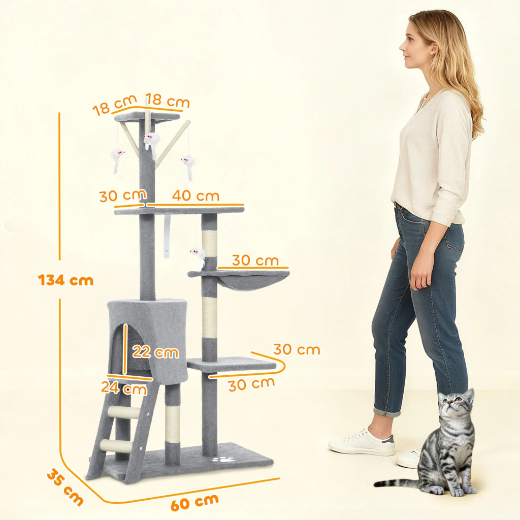 Torre per Gatti con Casetta, Trespolo e Piattaforme ¨C zephmum ¨C Grigio, Legno, 60x35x134 cm