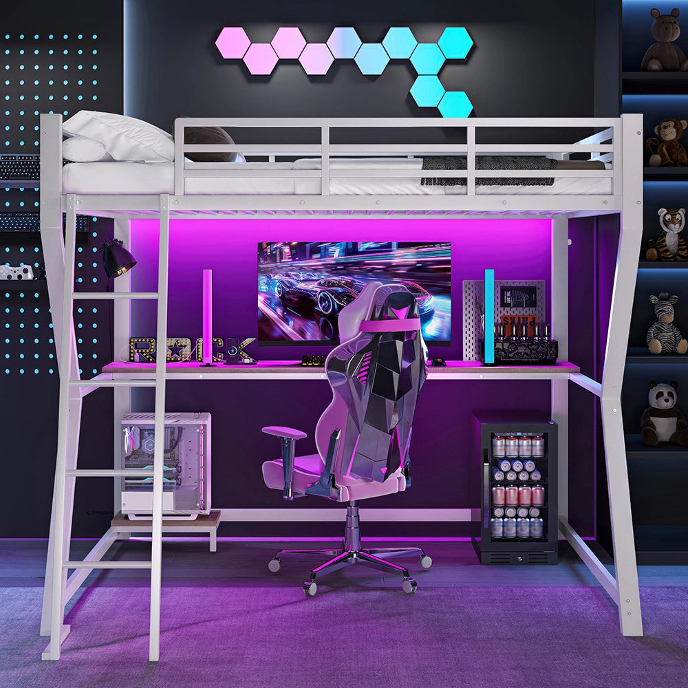 Letto mezzanino 90x200cm - Xylo - bianco, scrivania USB, LED, piattaforma gaming