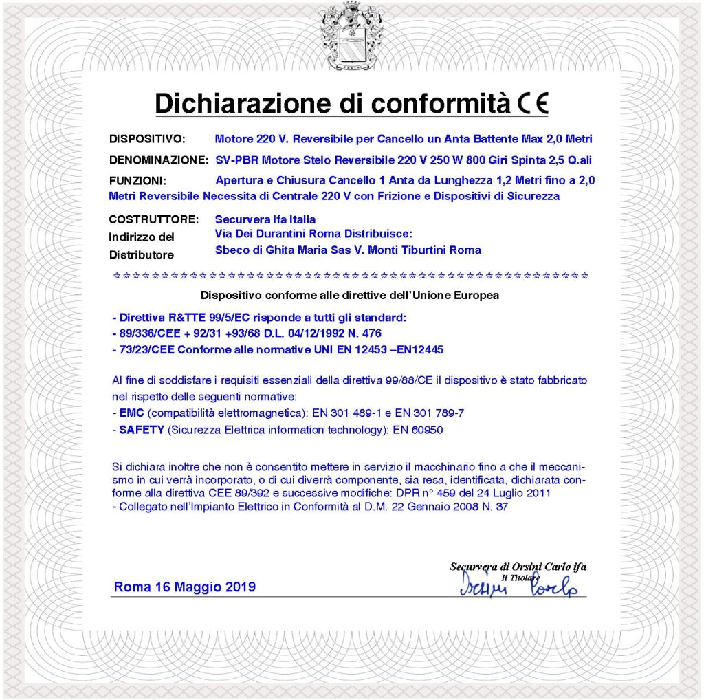 Motoriduttore Elettromeccanico per Cancello Ante Battente da 2 Metri Stelo Retrattile Reversibile Corsa 300 mm 220 V Spinta 250 Kg Ricambio Universale Securvera Completi di Staffe e Bulloni