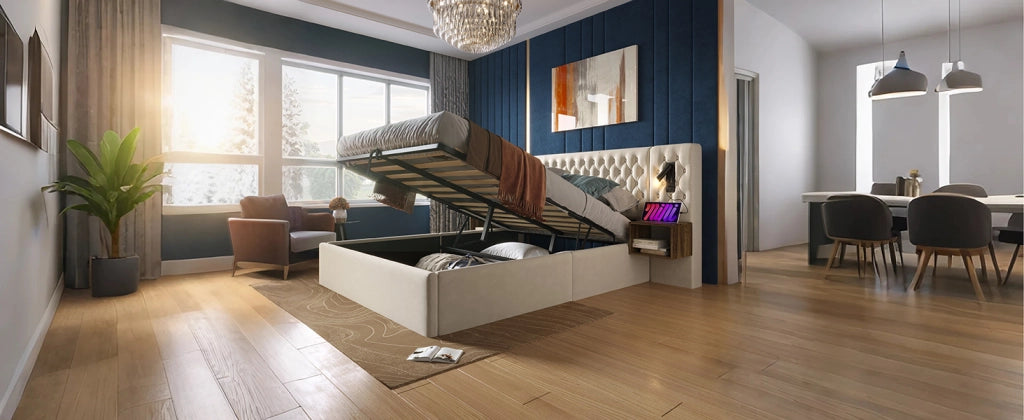 Letto matrimoniale 160x200 cm in velluto beige con 2 comodini, luci lettura, USB Type-C e materasso incluso