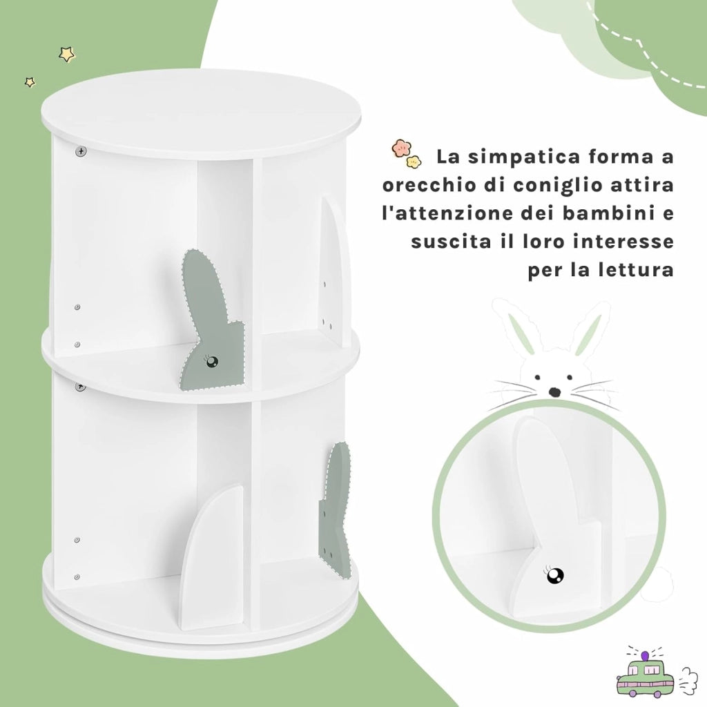 Libreria Rotante per Bambini a 2 Livelli, Porta Libri Girevole, Bianca per Soggiorno, Studio, Ufficio, Scaffale in Legno Autoportante
