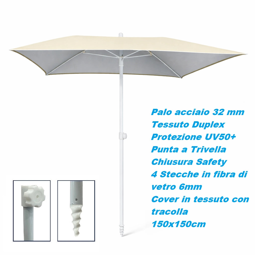 Ombrellone Mare 150x150 Antivento UV50+ Snodo 45° Palo 32 Stecche Fibra Vetro Ecrù