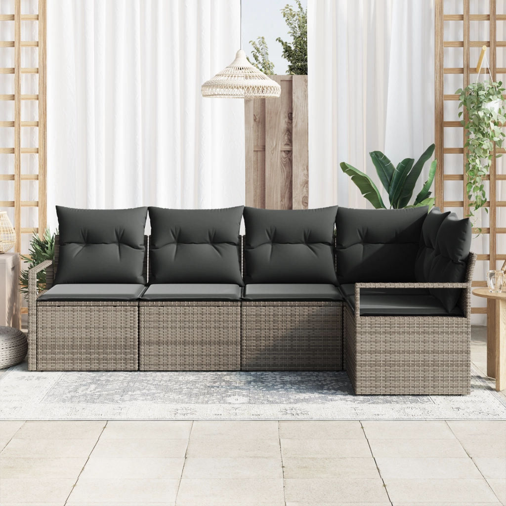 Set di divani da giardino con cuscini grigi in polyrattan  5 pezzi