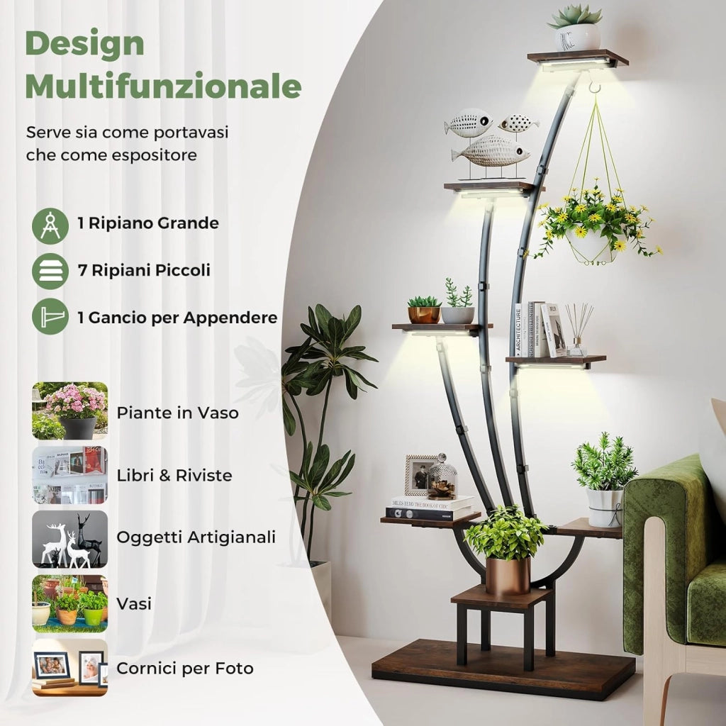 Scaffale per Piante da Interno ed Esterno, Porta Piante Angolare in Metallo a 8 Ripiani con Luci di Crescita, Porta Vasi per Balcone, Soggiorno e Giardino, 67 x 30 x 156 cm (2)