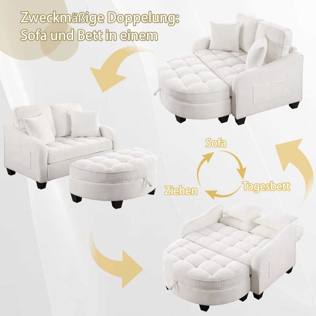 Divano letto 2 in 1 con pouf contenitore; tessuto traspirante; legno di eucalipto; beige 132 Ã— 129 Ã— 93 cm