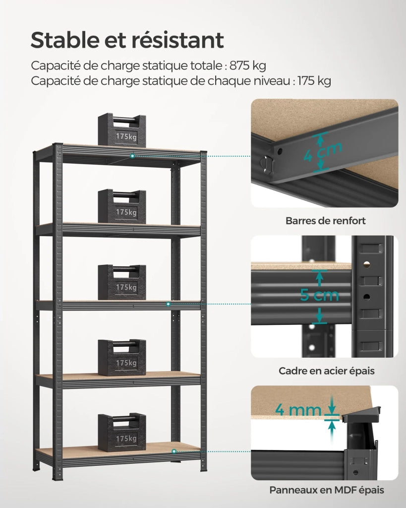 Scaffalatura metallica per carichi pesanti 180 x 90 x 40 cm 5 ripiani portata totale 875 kg (175 kg/ripiano) ripiani regolabili per garage/cantina grigio 12_0...