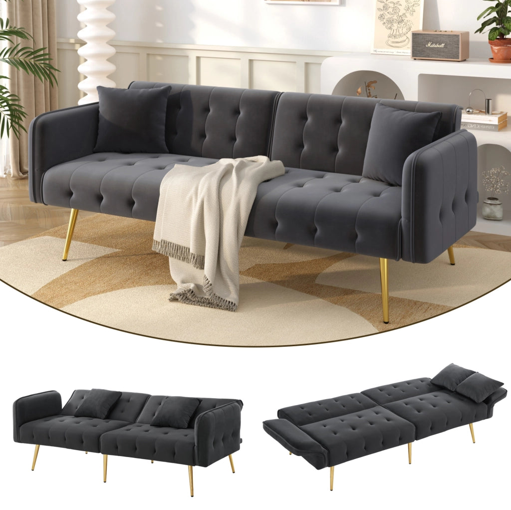 Divano letto 2 posti trasformabile 215x81;5 cm in velluto grigio antico con schienale regolabile