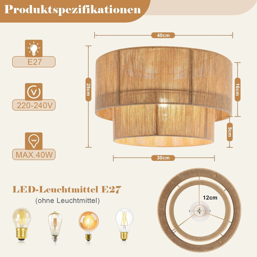 ZMH Lampada da soffitto retrò gialla E27 in corda iuta naturale per camera letto soggiorno cucina senza lampadina