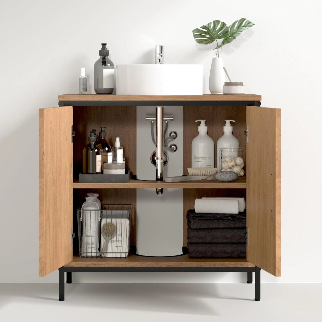 Mobile Sottolavabo per Bagno, Mobiletto Copricolonna da Bagno con Ripiano, Armadietto a 2 Ante in Legno e Metallo per Lavandino, Nero, 60x30x60cm