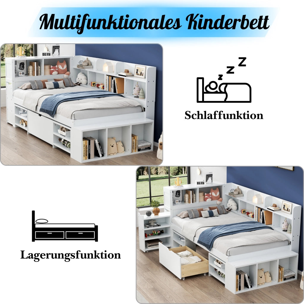 Letto Singolo 90x200 cm Contenitore; Cassetti; Mensole e Armadi in Compensato Bianco