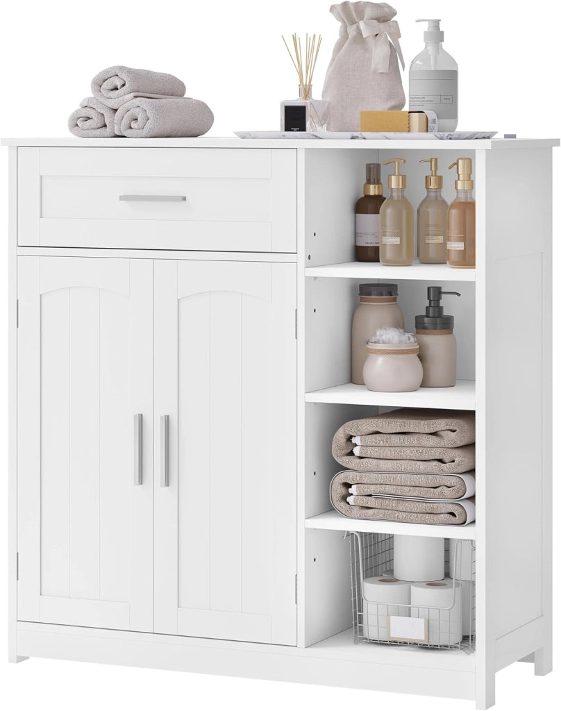 Mobile da Bagno Indipendente con 2 Ante 1 Cassetto 4 Ripiani Aperti, Regolabili in Altezza, Unità di Stoccaggio per Corridoio, Credenza da Cucina, 80x30x80,5 cm, Bianco