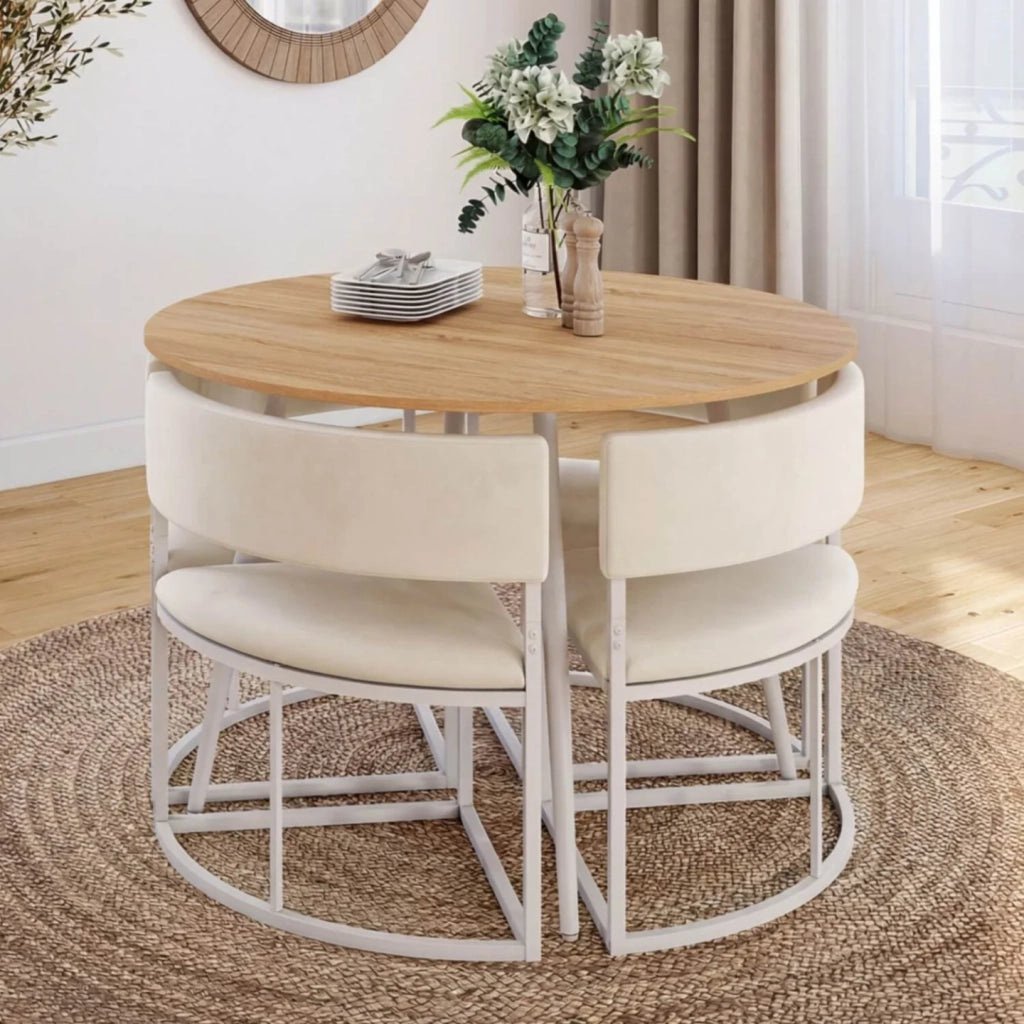 IDMarket - Set composto da tavolo e 4 sedie incastrabili MILENE in metallo bianco, con piano effetto faggio e rivestimento in velluto beige