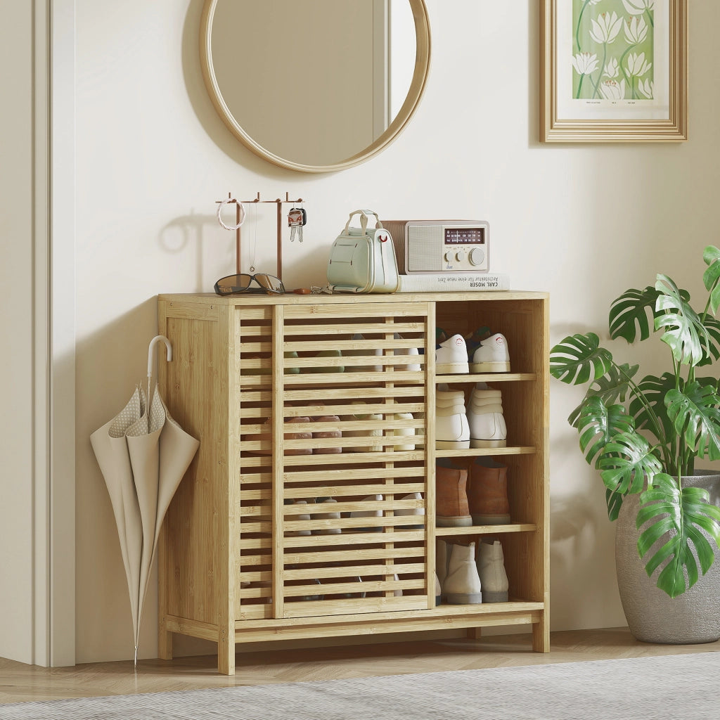 Armadietto Bagno in Bamb¨´ con Ante Scorrevoli 4 Ripiani ¨C Zephmum ¨C 80x34x80 cm Naturale