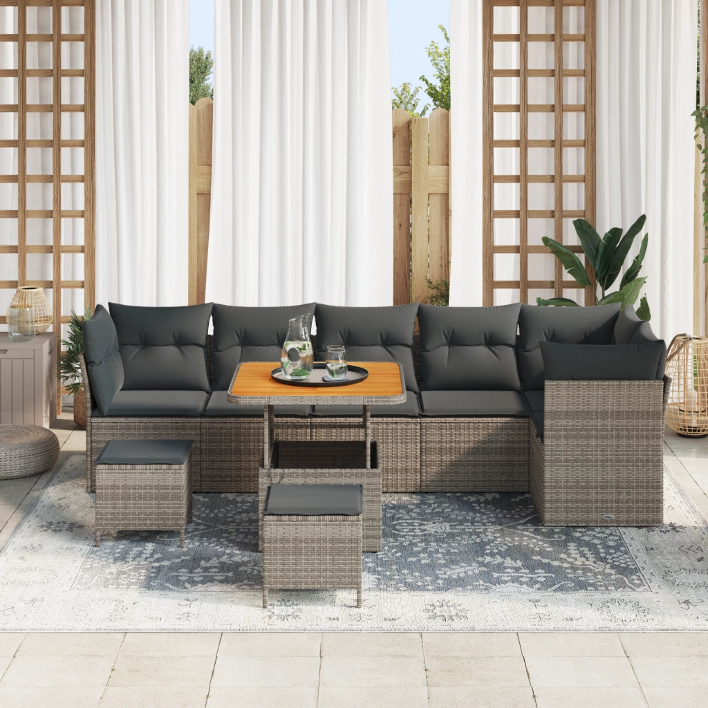 Set di Divani da Giardino 9 Pezzi con Cuscini Grigio in Rattan Polietilene Acacia