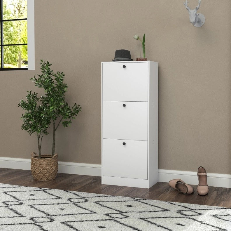 Scarpiera salvaspazio con 3 ribalte e ripiani regolabili; 47x28x115 cm; bianca