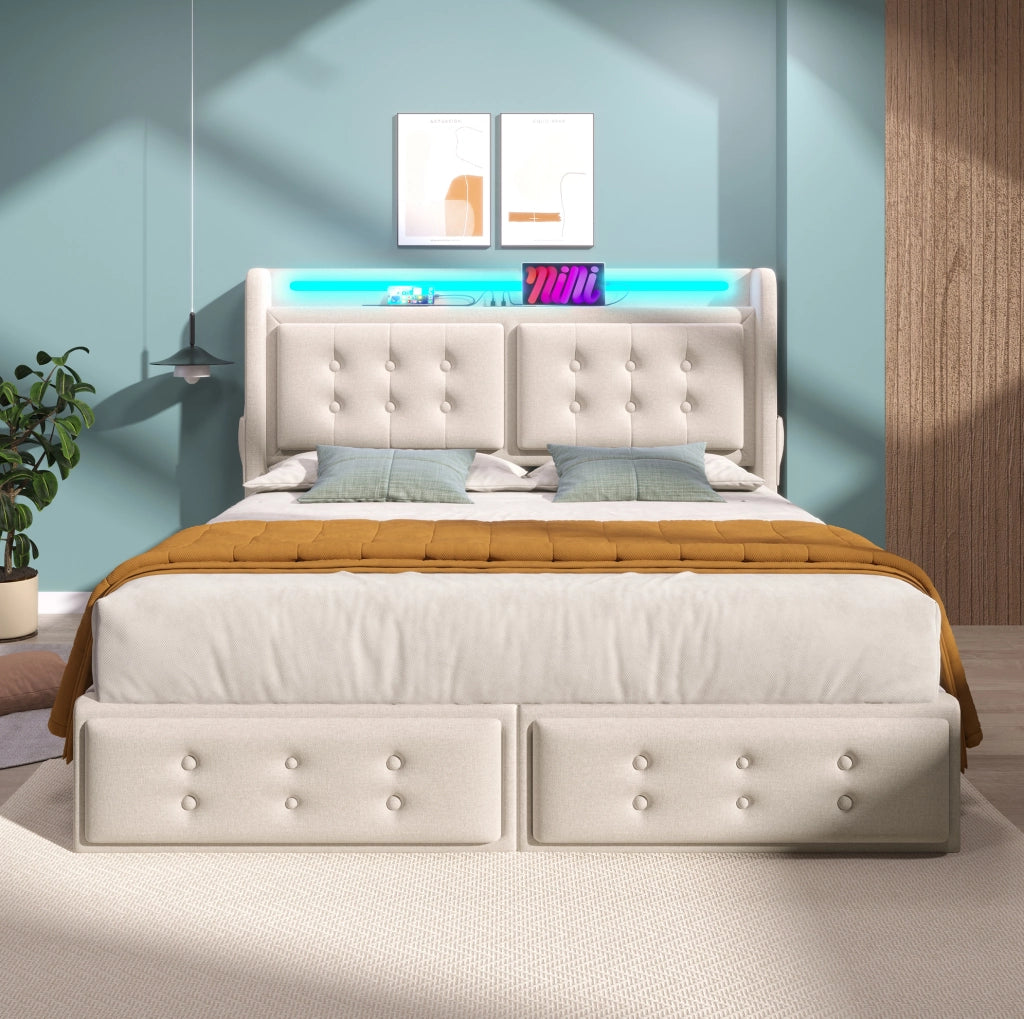 Letto matrimoniale 160x200 cm con testiera LED; prese; USB e Type-C; 4 cassetti; cotone-lino beige