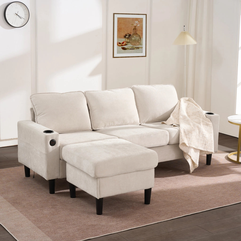 Divano 3 Posti Beige a Forma di L in Lino con Pouf e Porte USB