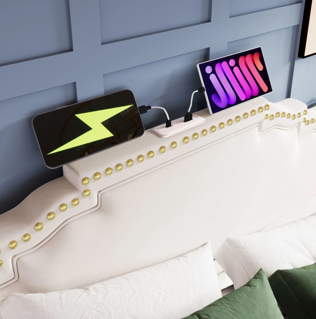 Letto 140x200 cm in velluto beige con 4 cassetti; LED; USB/Type-C e materasso