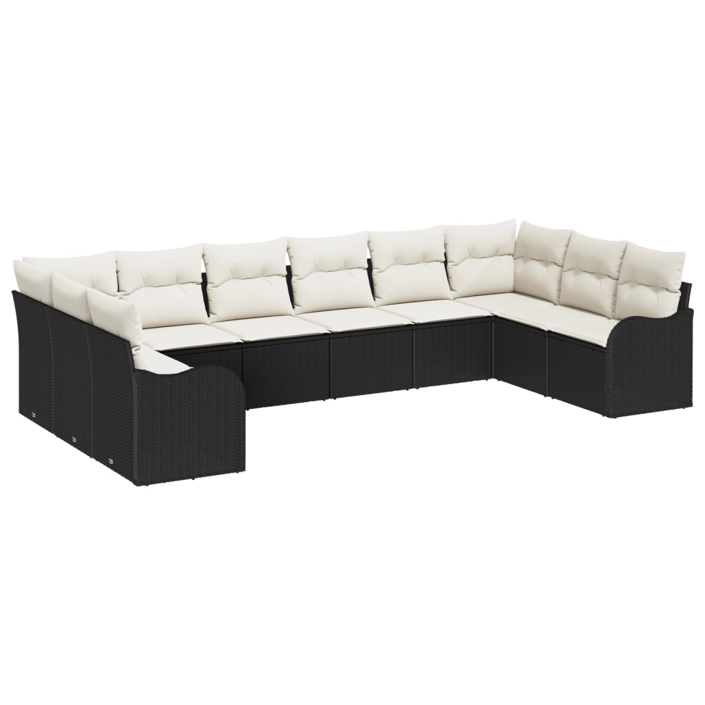 Set di divani da giardino di 10 pezzi con cuscini in polirattan nero