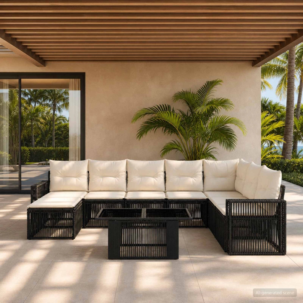 Set Divano da Giardino 9 pz Nero e Bianco Crema polyrattan 3436834