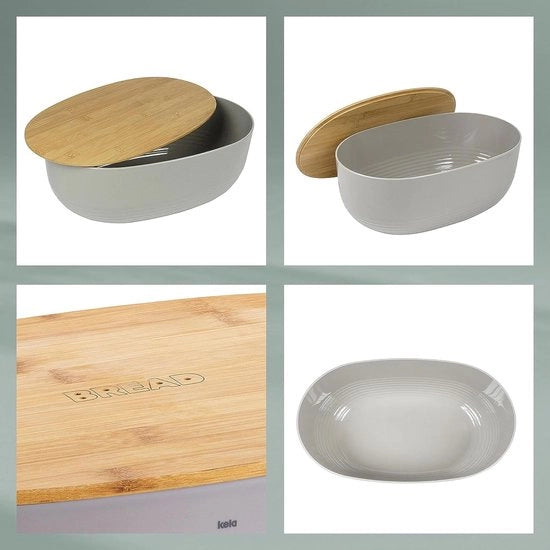 Contenitore per pane, scatola con coperchio, plastica/bamboo, 37,5 x 23 x 14 cm, etichette, beige