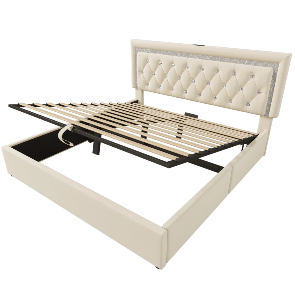 Letto matrimoniale 160x200 cm in velluto beige con LED nel testiera; USB e USB-C; contenitore idraulico