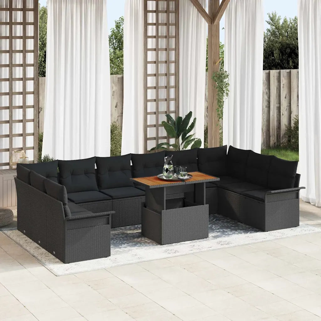 Set Divano da Giardino con cuscino 11 pcs Nero polyrattan