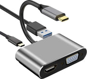 Hub USB-C 4-in-1 - HDMI + VGA + USB 3.0 + Porta di Ricarica PD - 4K@30Hz - Supporta la Duplicazione/Semplificazione dello Schermo - Compatibile con Laptop/Telefono/Tabella