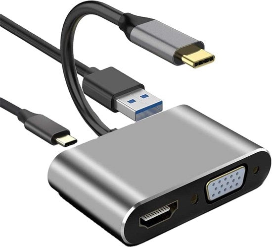 Hub USB-C 4-in-1 - HDMI + VGA + USB 3.0 + Porta di Ricarica PD - 4K@30Hz - Supporta la Duplicazione/Semplificazione dello Schermo - Compatibile con Laptop/Telefono/Tabella