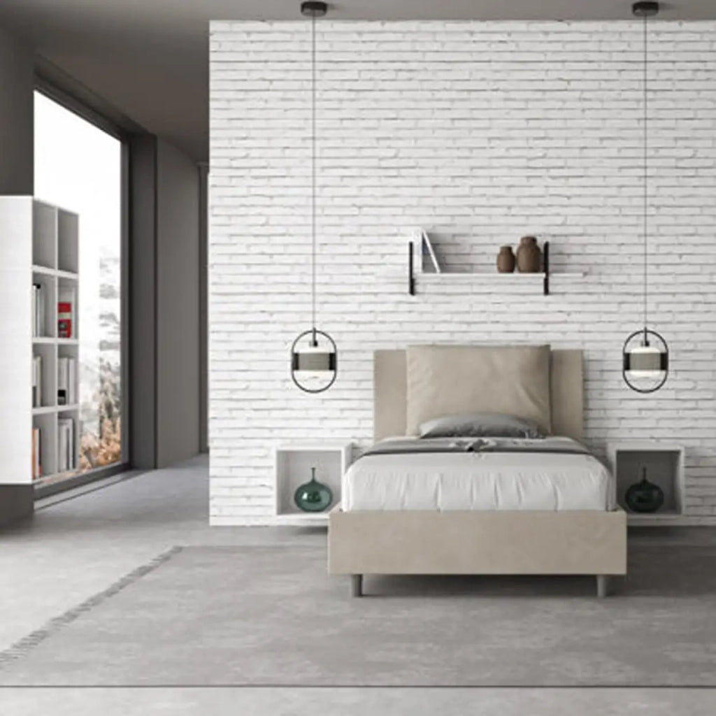 Letto una piazza e mezza con rete imbottito 120x200 microfibra sabbia Antea
