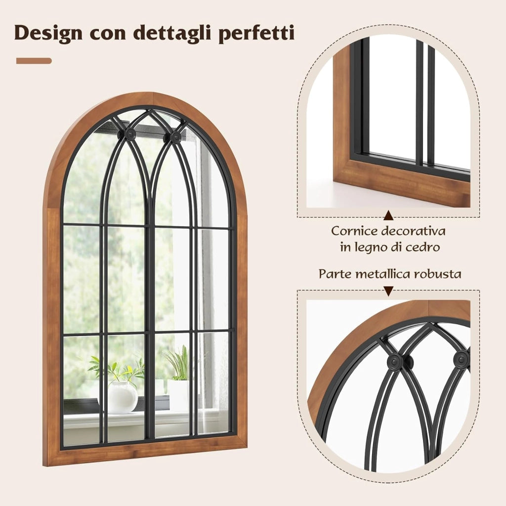 Specchio da Parete 60 x 90 CM, Specchio Finestra con Cornice in Legno di Abete, Specchio Decorativo con per Soggiorno Camera da Letto Ingresso Bagno